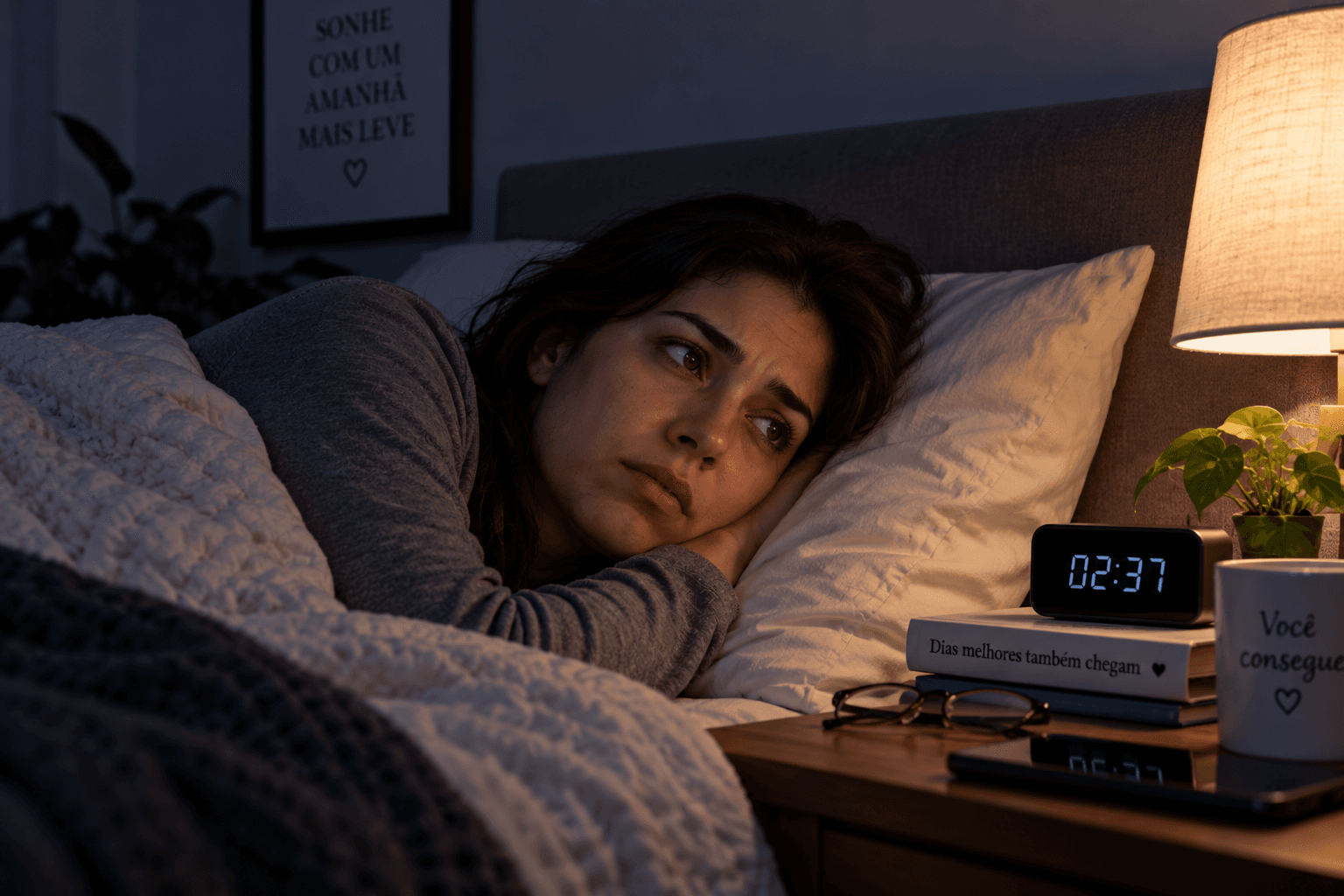 Pessoa em um quarto durante a noite enfrentando pensamentos e ansiedade