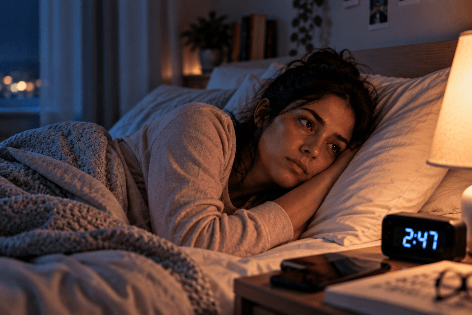 Mulher acordada na cama durante a noite, com expressão preocupada