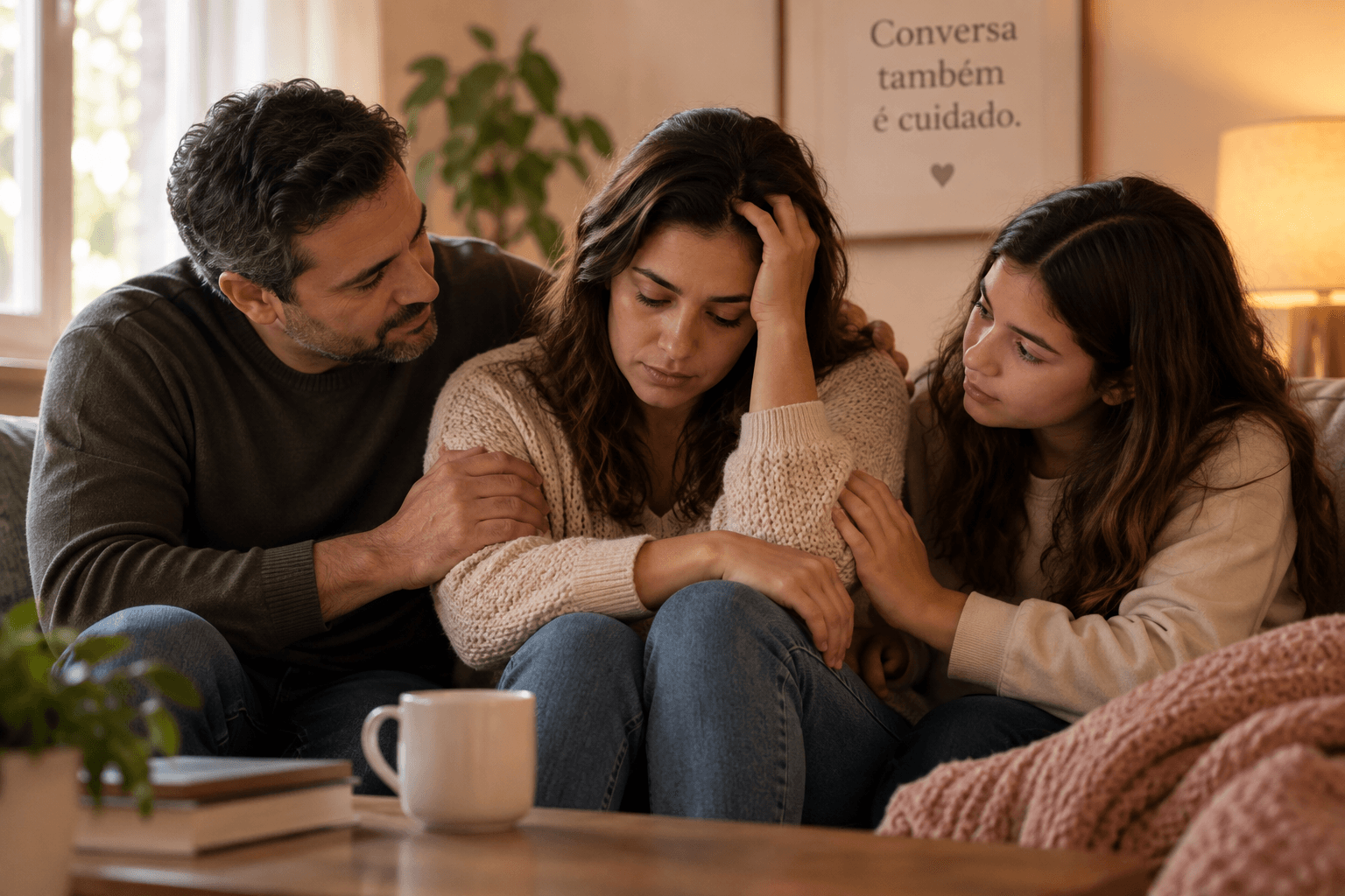 Família em um momento cotidiano de conversa e acolhimento