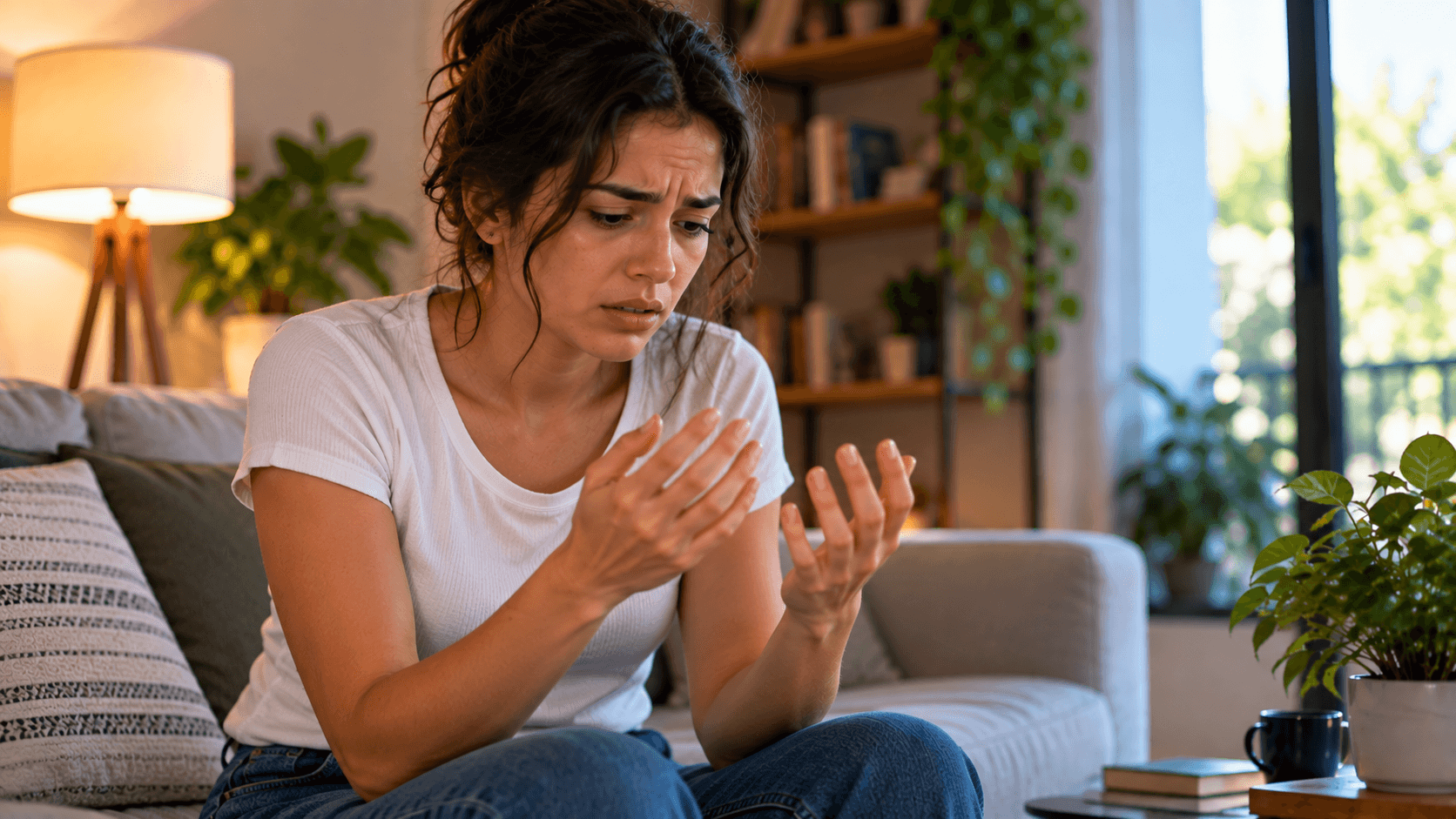 Pessoa percebendo tremor nas mãos durante um momento de ansiedade