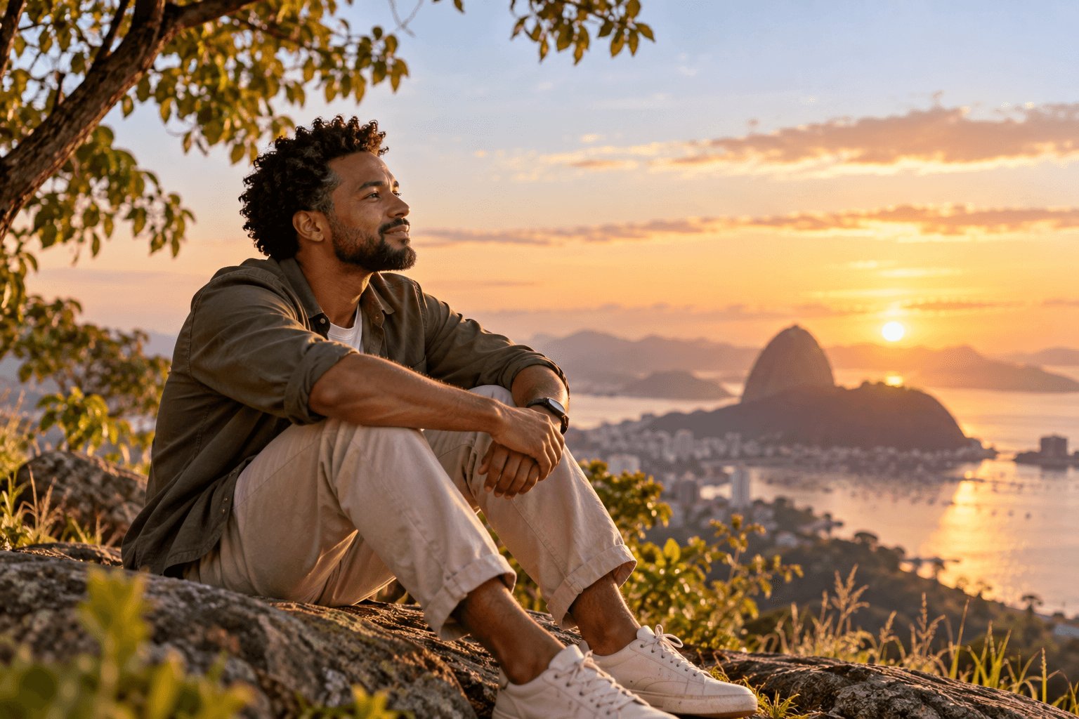 Pessoa tranquila refletindo em um ambiente acolhedor