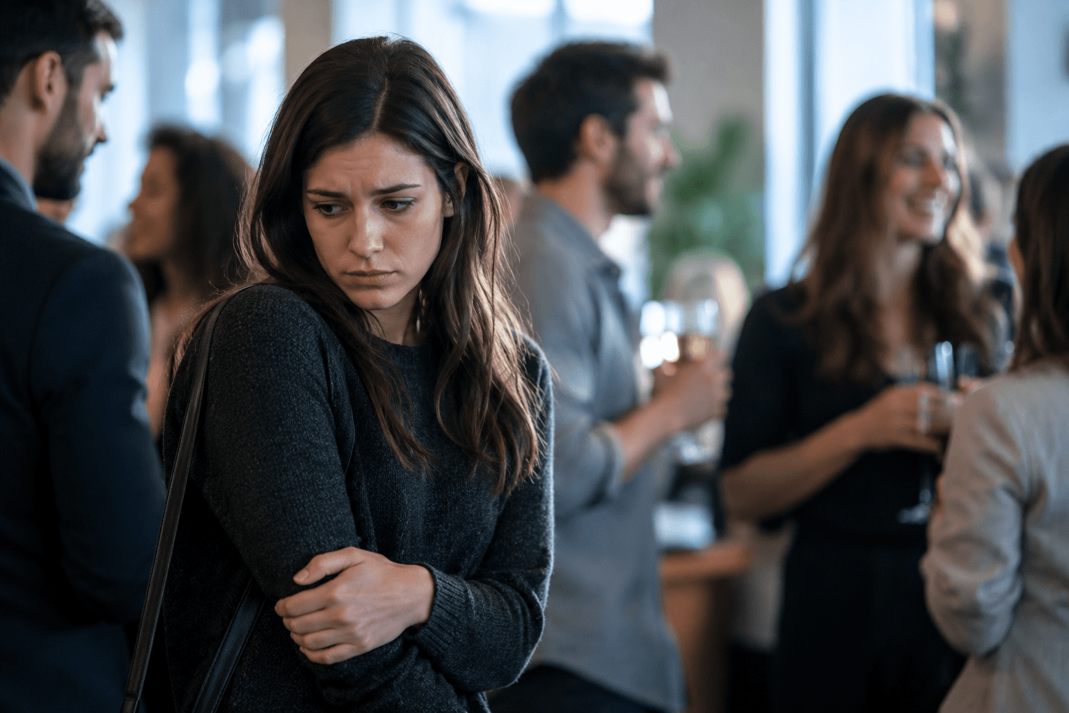 Pessoa em uma situação social, representando o desconforto e a insegurança diante do contato com outras pessoas