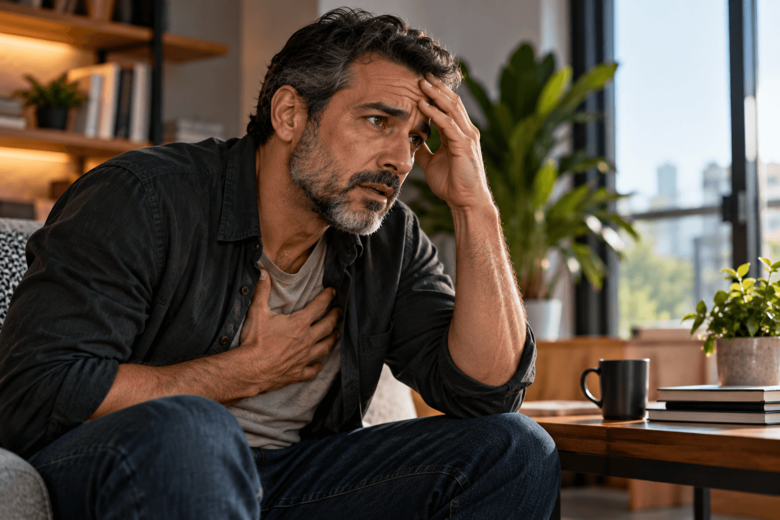 Pessoa adulta atravessando um momento intenso de ansiedade em um ambiente cotidiano