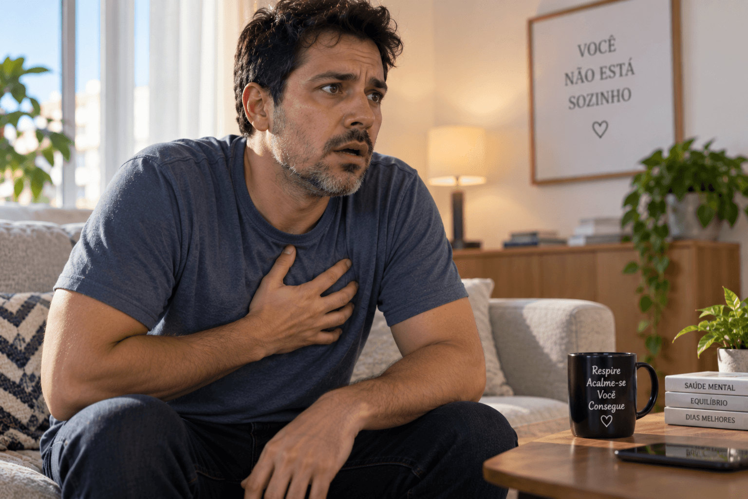 Pessoa enfrentando sintomas de ansiedade em um ambiente cotidiano